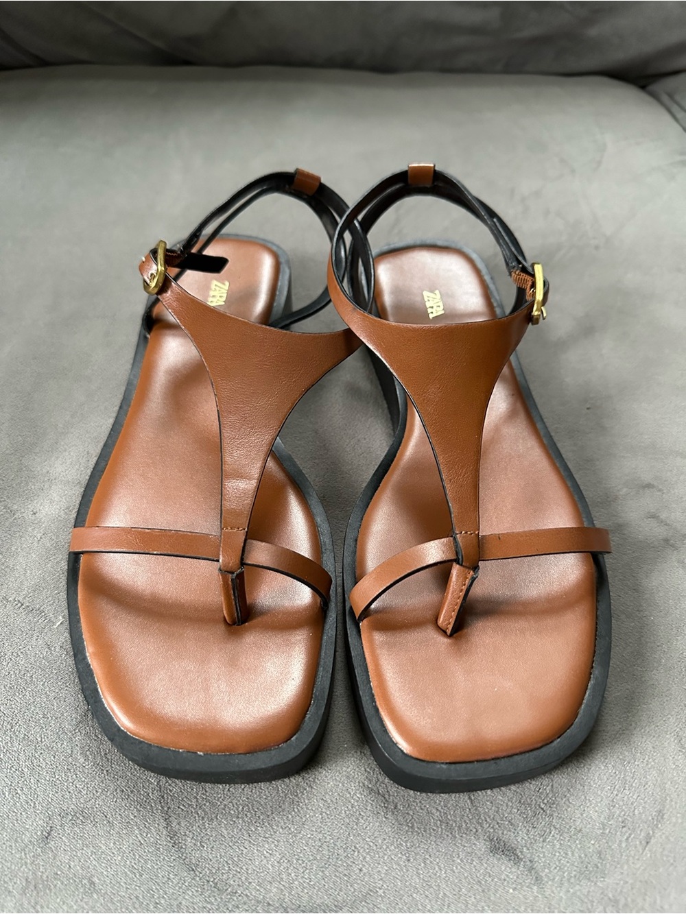 Zara Brown Leather T-Strap Sandals with Black Soles